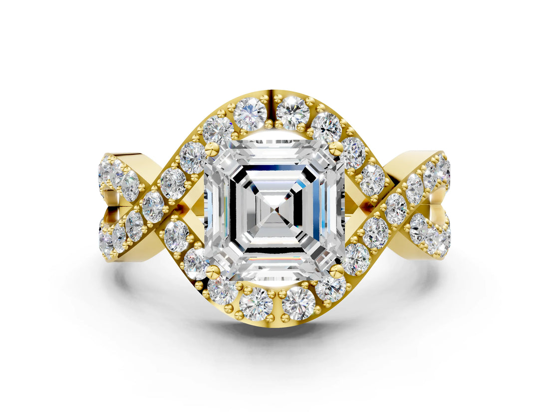 Yellow gold Asscher Solitaire Twist Band Pavé Diamond Engagement Ring_53