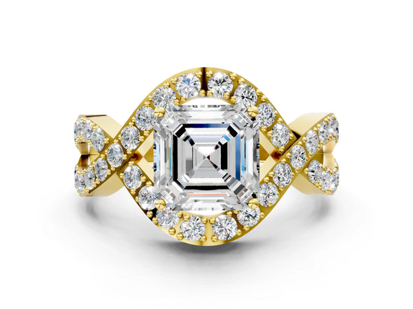 Yellow Gold Asscher Cut Infinity Twist Engagement Ring Setting with Pave Ribbons