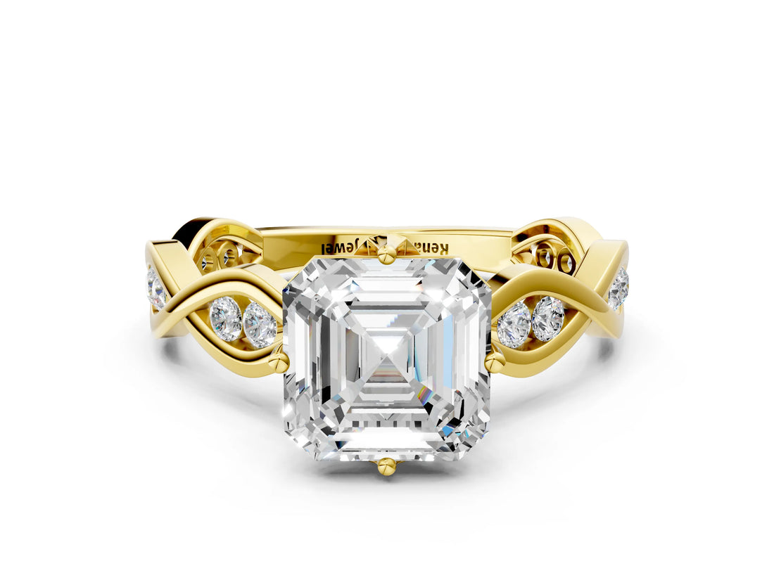 Yellow gold Asscher Solitaire Twist Band with Leaf Prong Setting_26