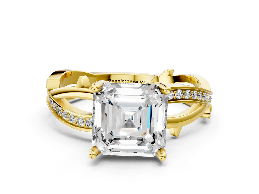 Yellow gold Asscher Solitaire Twist Band with Pavé Accents and Four-Prong Setting_22