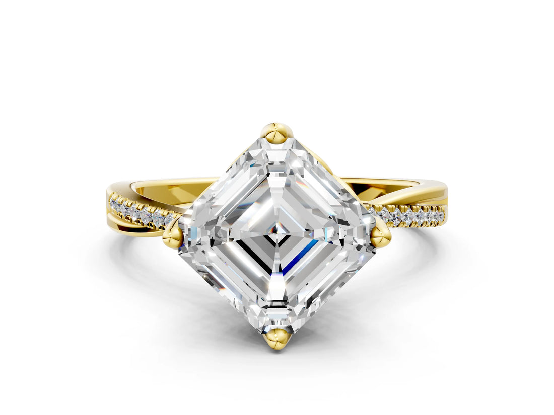 Yellow gold Asscher Solitaire Twist Band with Pavé Diamonds and Four-Prong Setting_74