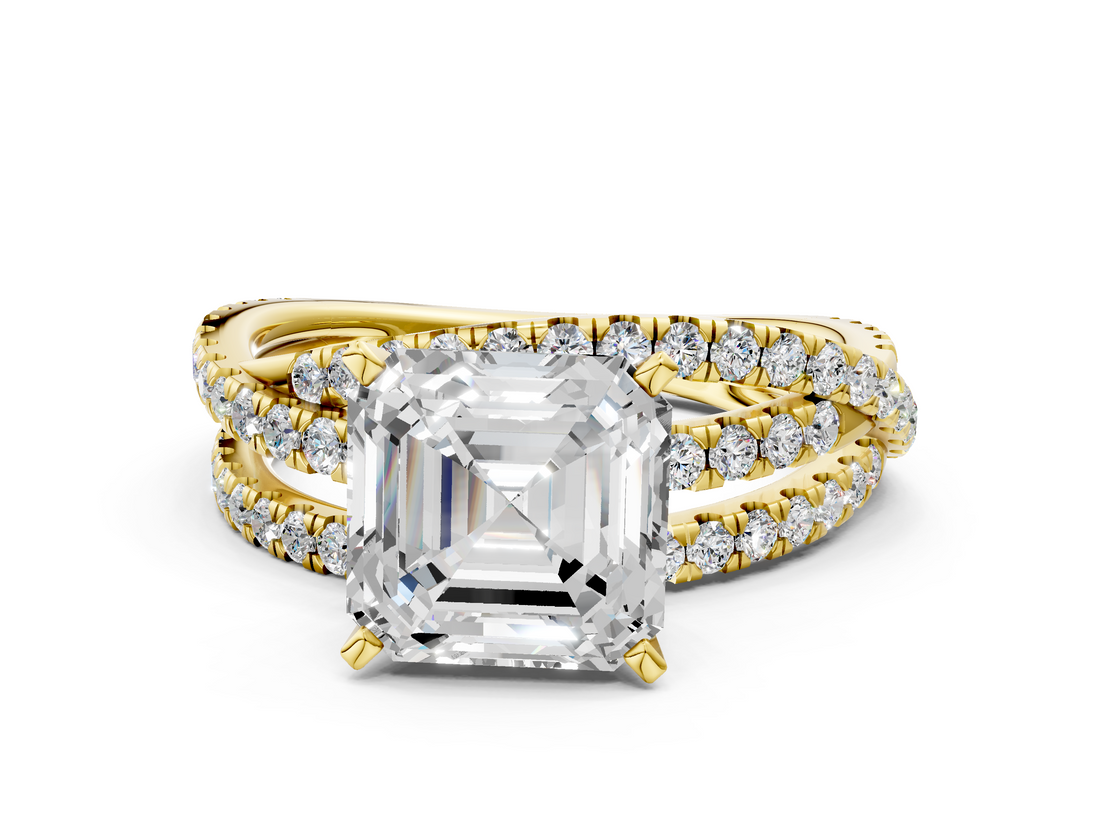Yellow gold Asscher Solitaire Twist Band with Pavé Setting and Four-Prong Setting_11