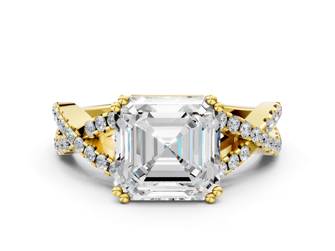 Yellow gold Asscher Solitaire Twist Band with Pavé Setting and Four-Prong Setting_6