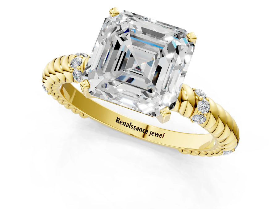 Yellow gold Asscher Solitaire Twisted Band Prong Set Engagement Ring