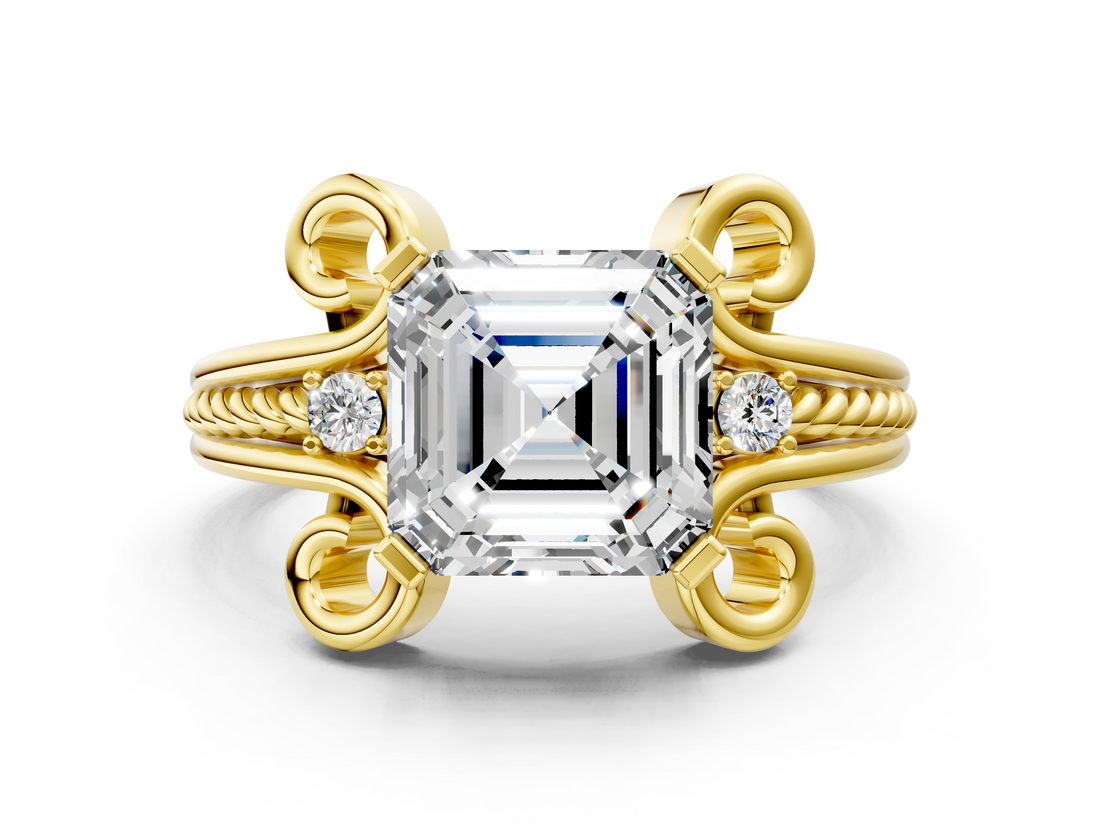 Yellow gold Asscher Solitaire Twisted Band Scroll Prong Ring_3