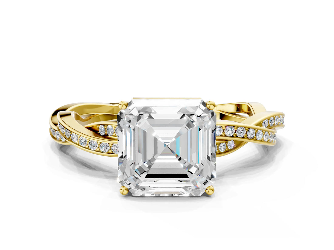 Yellow gold Asscher Solitaire Twisted Pave Diamond Ring with Four-Prong Setting_115