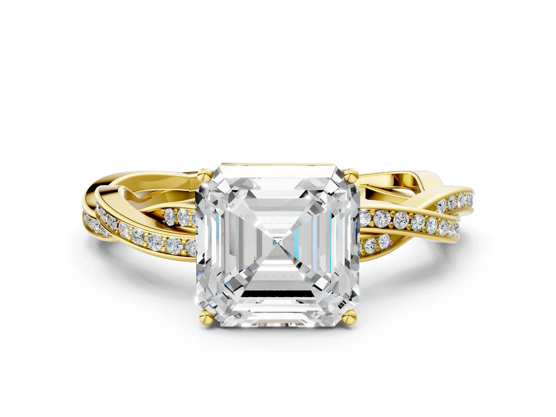 Yellow gold Asscher Solitaire Twisted Pave Diamond Ring with Four-Prong Setting_12