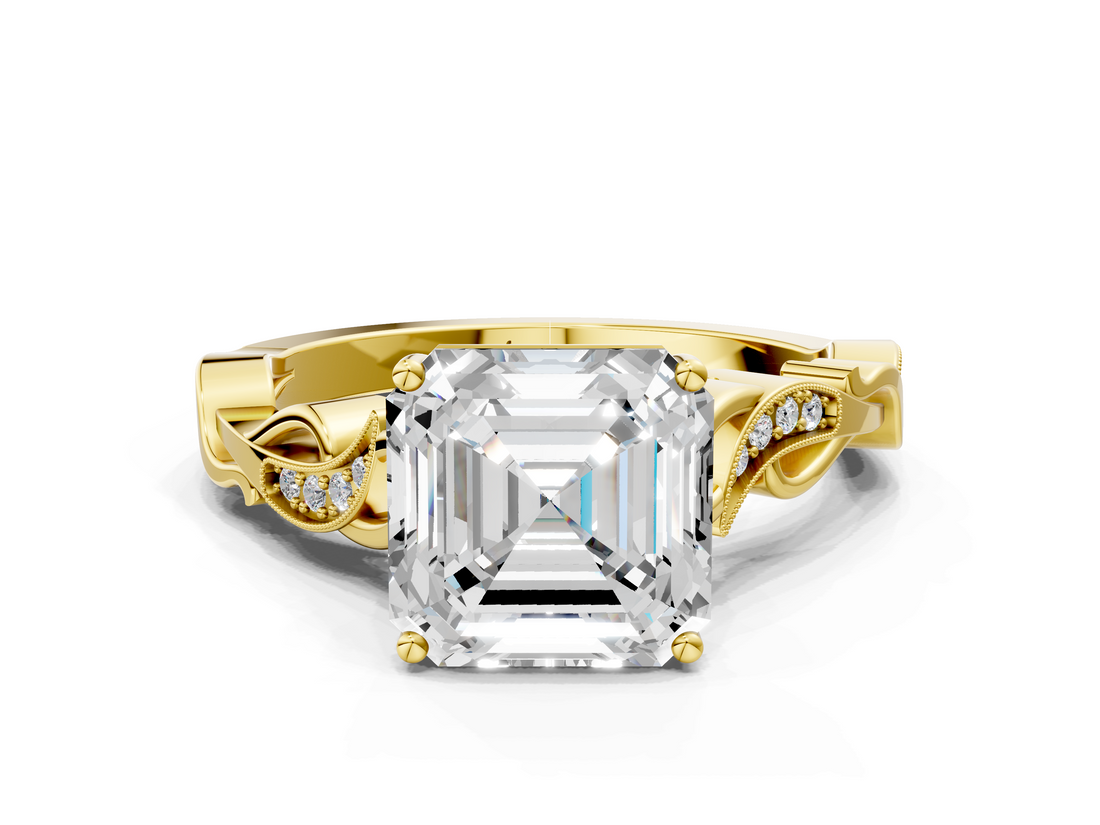 Yellow gold Asscher Solitaire Vine Band with Milgrain Prong Setting_3