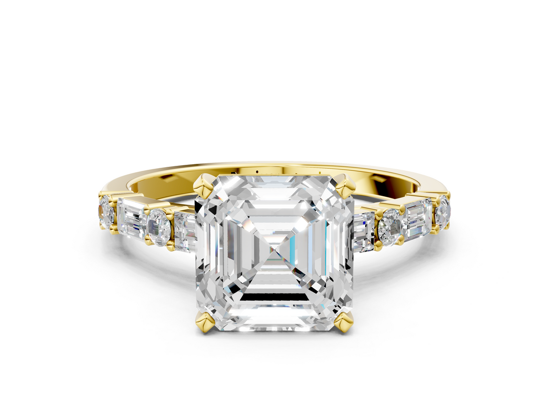 Yellow gold Asscher Solitaire with Side Baguettes and Channel Set Band_7