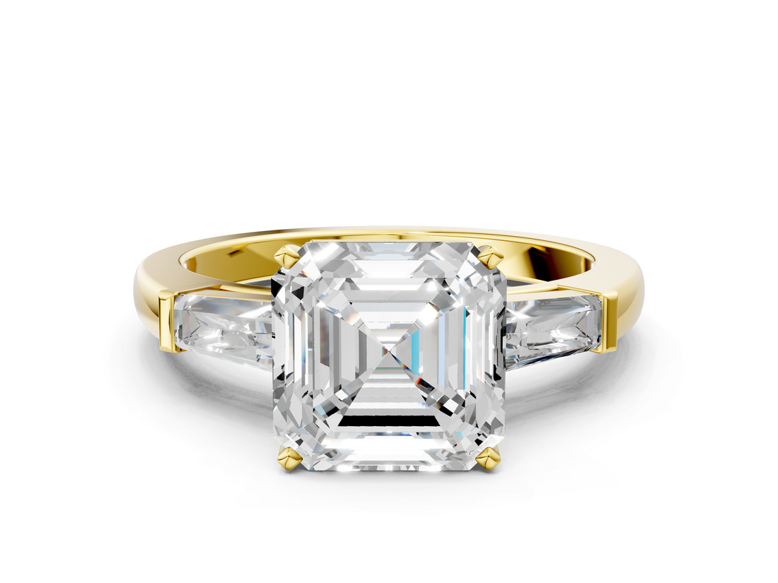 Yellow gold Asscher Solitaire with Tapered Baguette Side Stones on a Classic Band with Four-Prong Setting_7