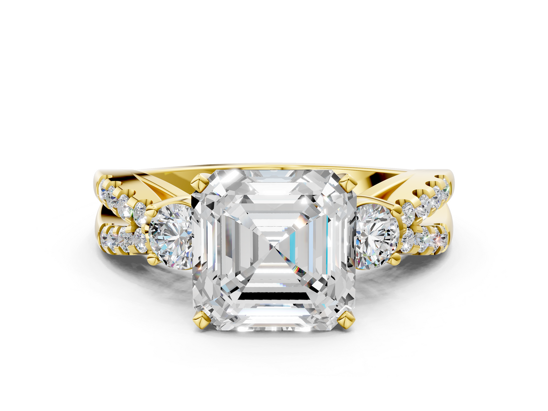 Yellow gold Asscher Three-Stone Diamond Ring with Pavé Split Shank and Four-Prong Setting_25