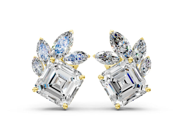 Yellow gold Asscher and Marquise Diamond Cluster Stud Earrings