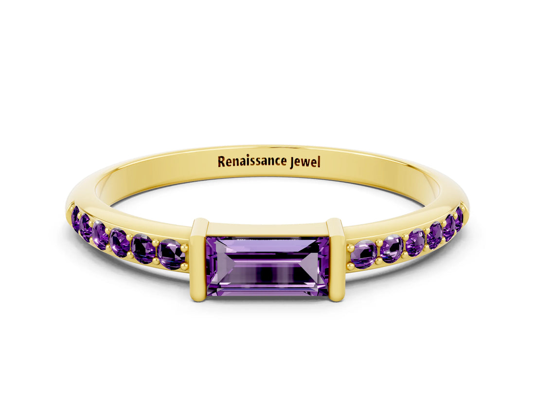 Yellow gold Baguette Amethyst Pavé Band with Bar Setting_6