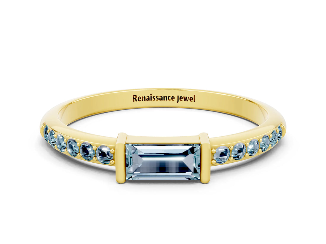 Yellow gold Baguette Aquamarine Pavé Band with Bar Setting_6