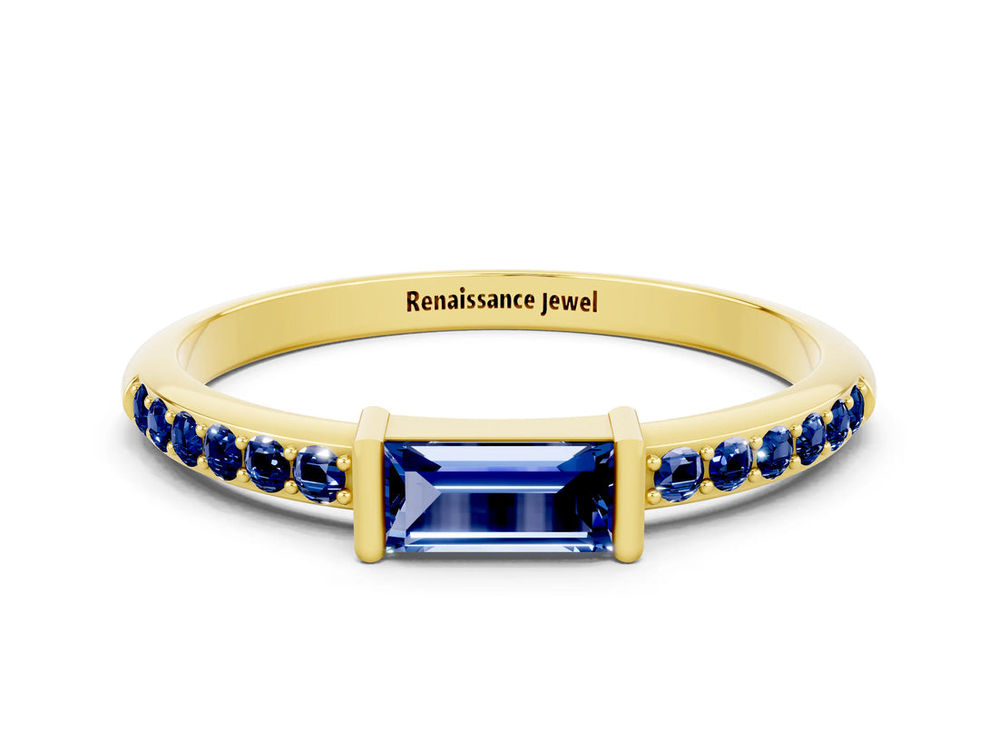 Yellow gold Baguette Blue Sapphire Pavé Band with Bar Setting_6