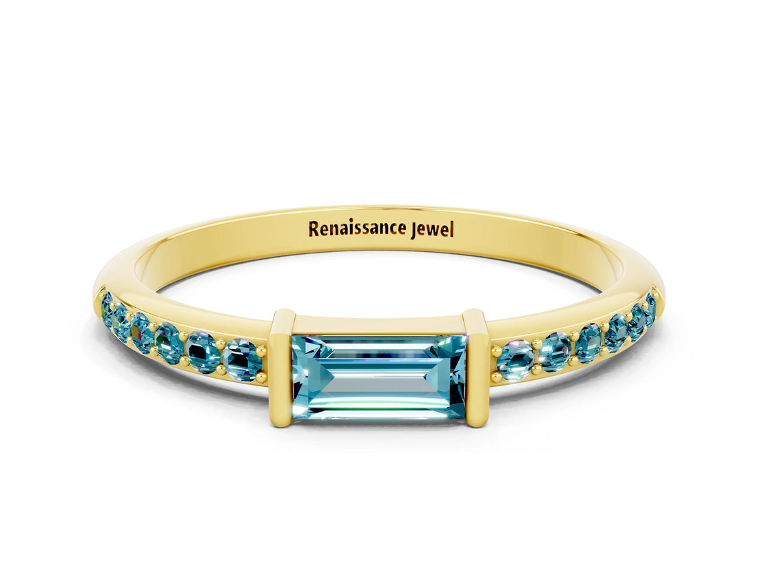 Yellow gold Baguette Blue Topaz Pavé Band with Bar Setting_6