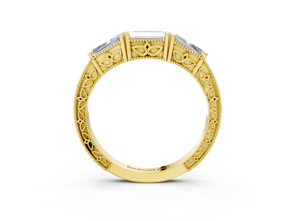 Yellow gold Baguette Cut Channel Set Milgrain Band with V-Prong Setting