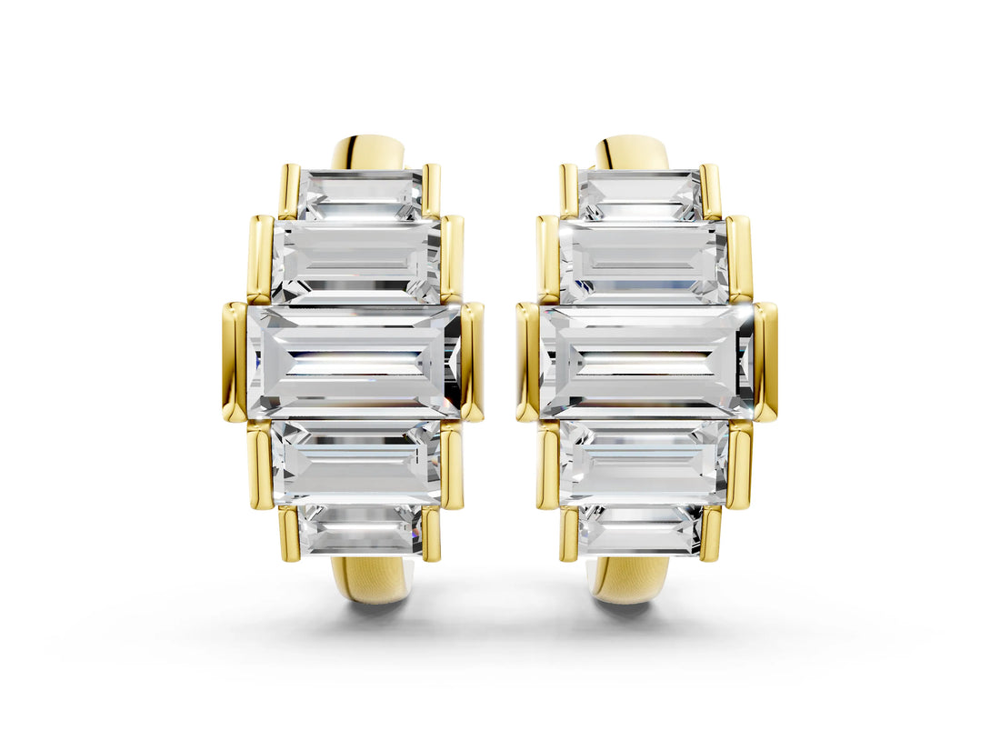 Yellow gold Baguette Cut Diamond Graduated Channel Set Hoop Earrings