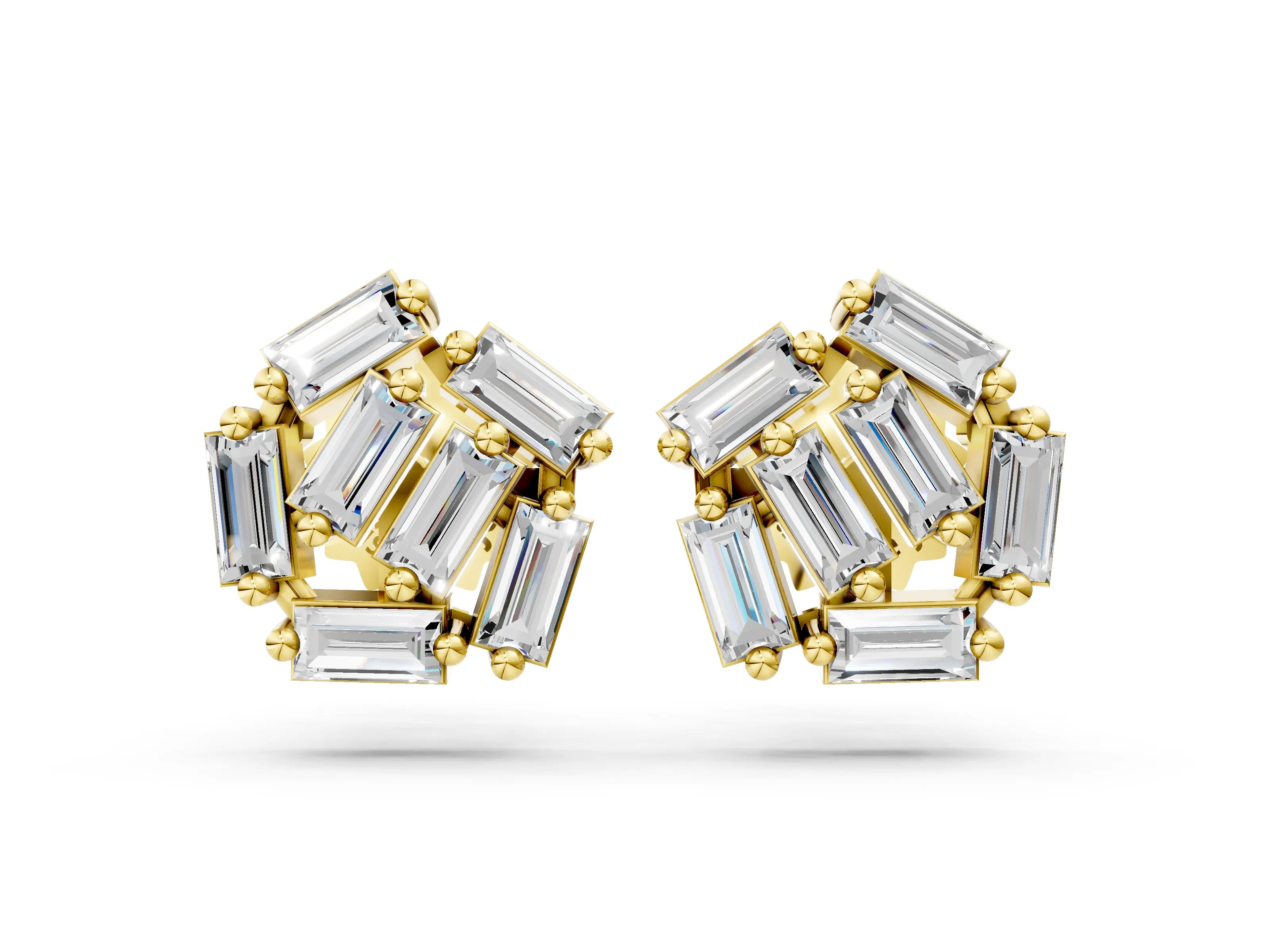 Yellow gold Baguette Diamond Cluster Stud Earrings_8