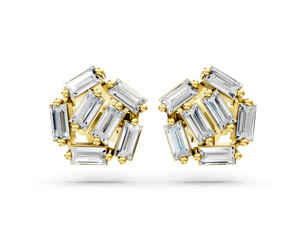 Yellow gold Baguette Diamond Cluster Stud Earrings
