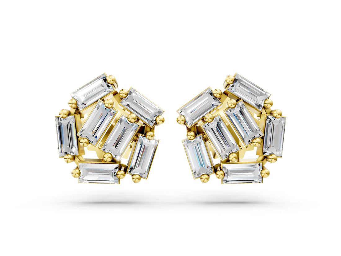 10K Yellow Gold 0.67 Carat E-F VVS-VS Baguette Diamond Cluster Stud Earrings