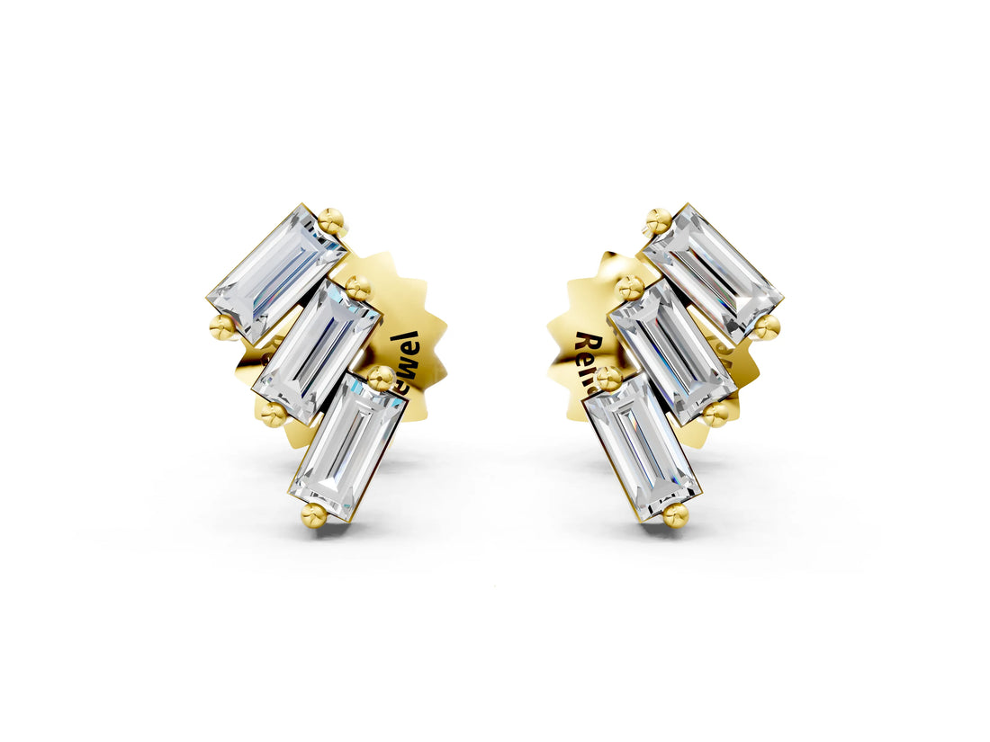 Yellow gold Baguette Diamond Three-Stone Stud Earrings_10