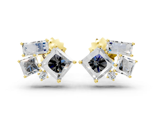 Yellow gold Baguette and Princess Diamond Mosaic Abstract Stud Earrings