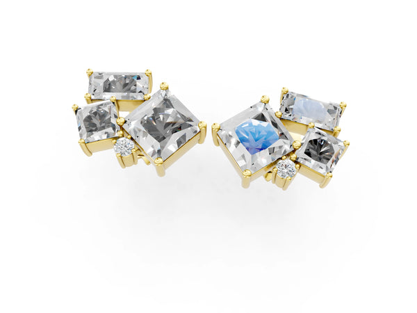 Yellow gold Baguette and Princess Diamond Mosaic Abstract Stud Earrings