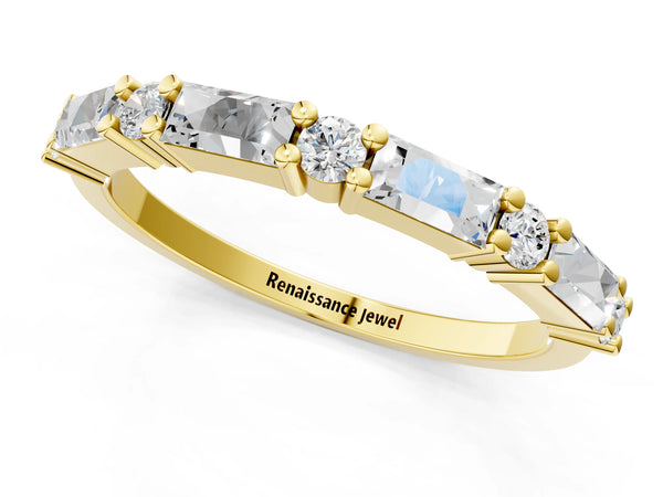 Yellow gold Baguette and Round Diamond Bar Setting Half Eternity Band with Prong Setting