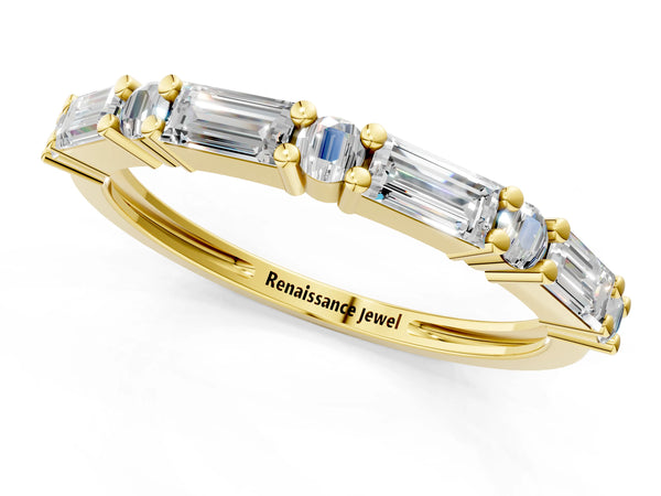 Yellow gold Baguette and Round Diamond Bar Setting Half Eternity Band with Prong Setting