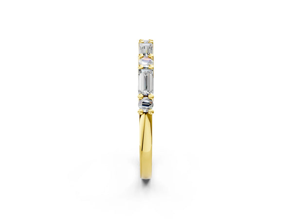 Yellow gold Baguette and Round Diamond Bar Setting Half Eternity Band with Prong Setting