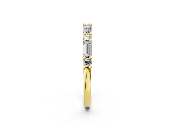 Yellow gold Baguette and Round Diamond Bar Setting Half Eternity Band with Prong Setting