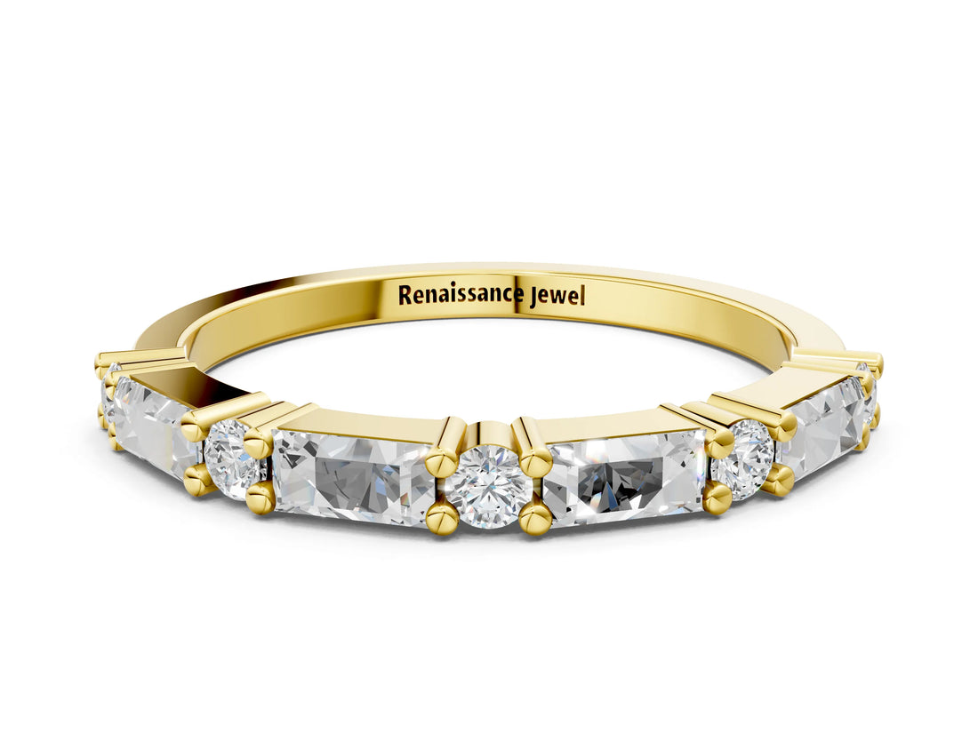 Yellow gold Baguette and Round Diamond Bar Setting Half Eternity Band with Prong Setting_9
