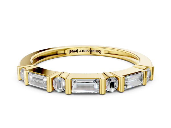 Yellow gold Baguette and Round Diamond Channel Set Half Eternity Band with Bar Prong Setting
