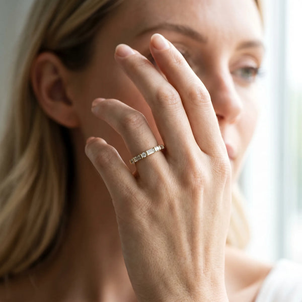 Yellow gold Baguette and Round Diamond Channel Set Half Eternity Band with Bar Prong Setting