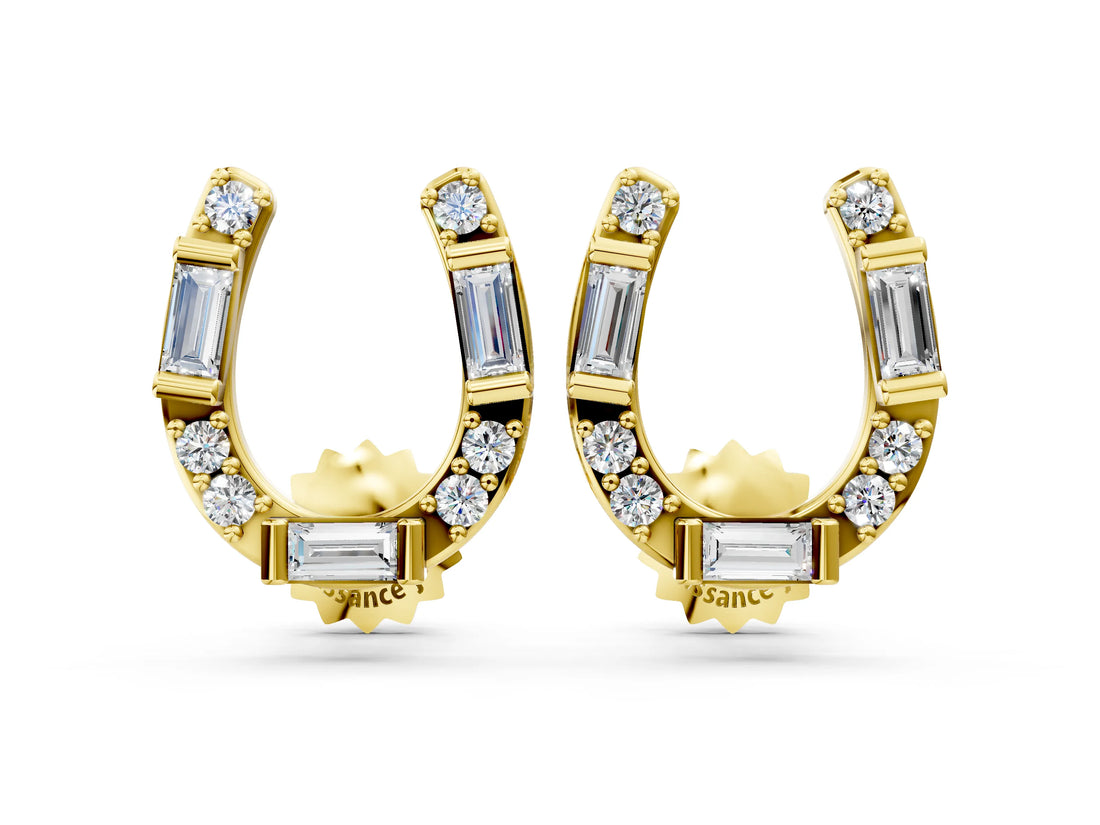 Yellow gold Baguette and Round Diamond Horseshoe Stud Earrings_4
