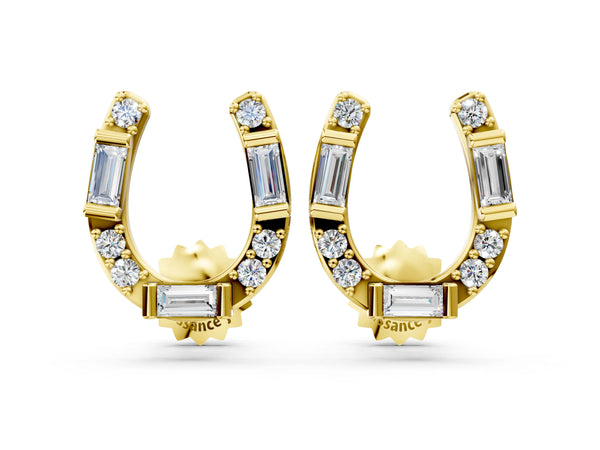 Yellow gold Baguette and Round Diamond Horseshoe Stud Earrings