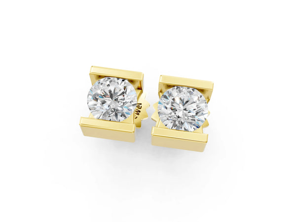 Yellow gold Bar Set Round Diamond Stud Earrings in White Gold