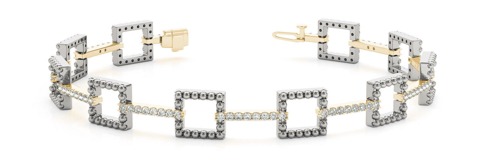 Yellow gold Beaded Square Link Bracelet with Round Cut Diamonds and Channel Setting