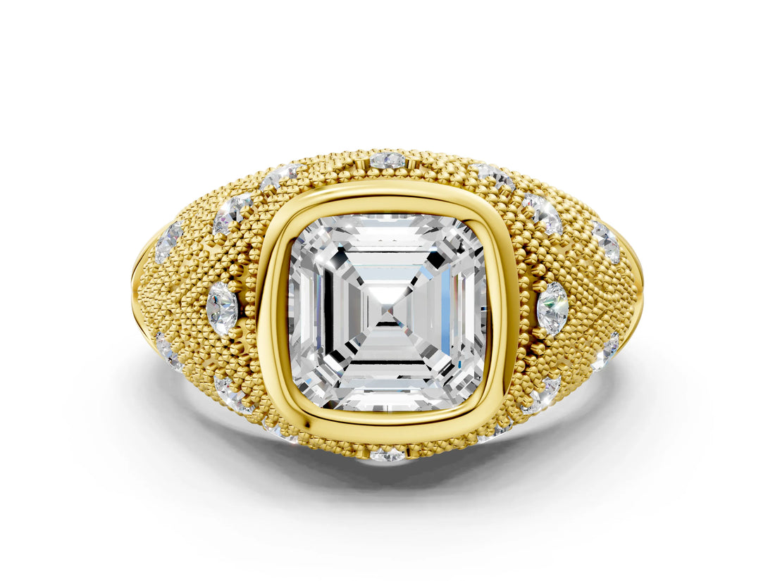 Yellow gold Bezel Set Asscher Cut Diamond Milgrain Band Ring_13
