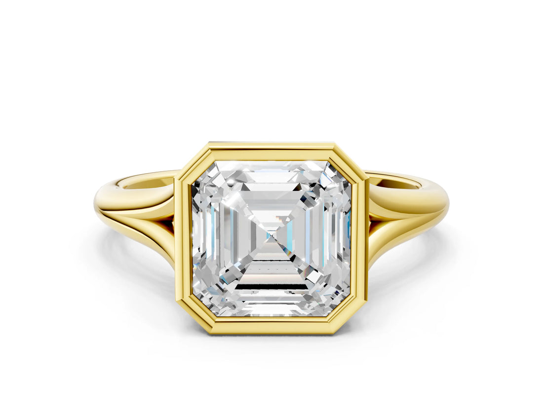 Yellow gold Bezel Set Asscher Cut Solitaire Ring with Tapered Band 1