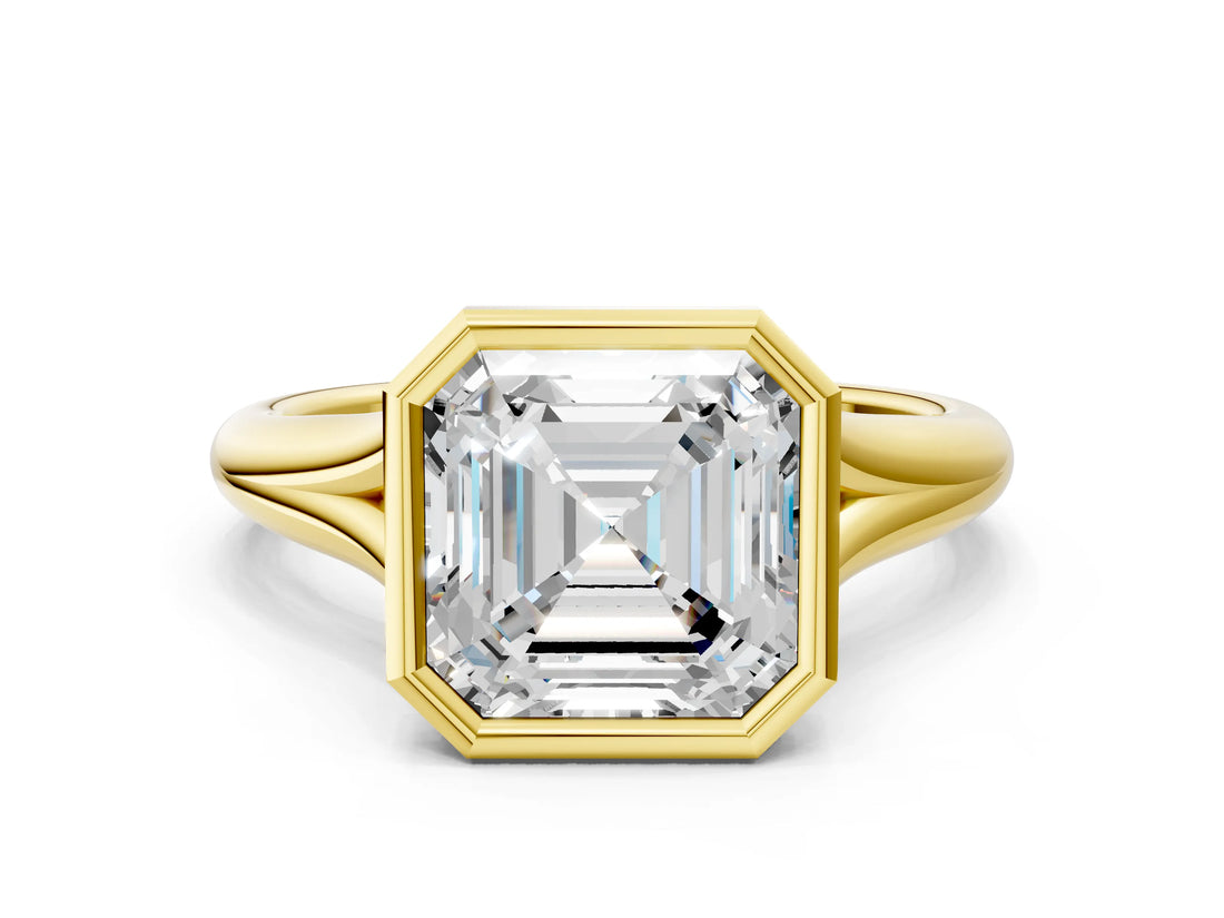 Yellow gold Bezel Set Asscher Solitaire Diamond Ring with Smooth Band 1