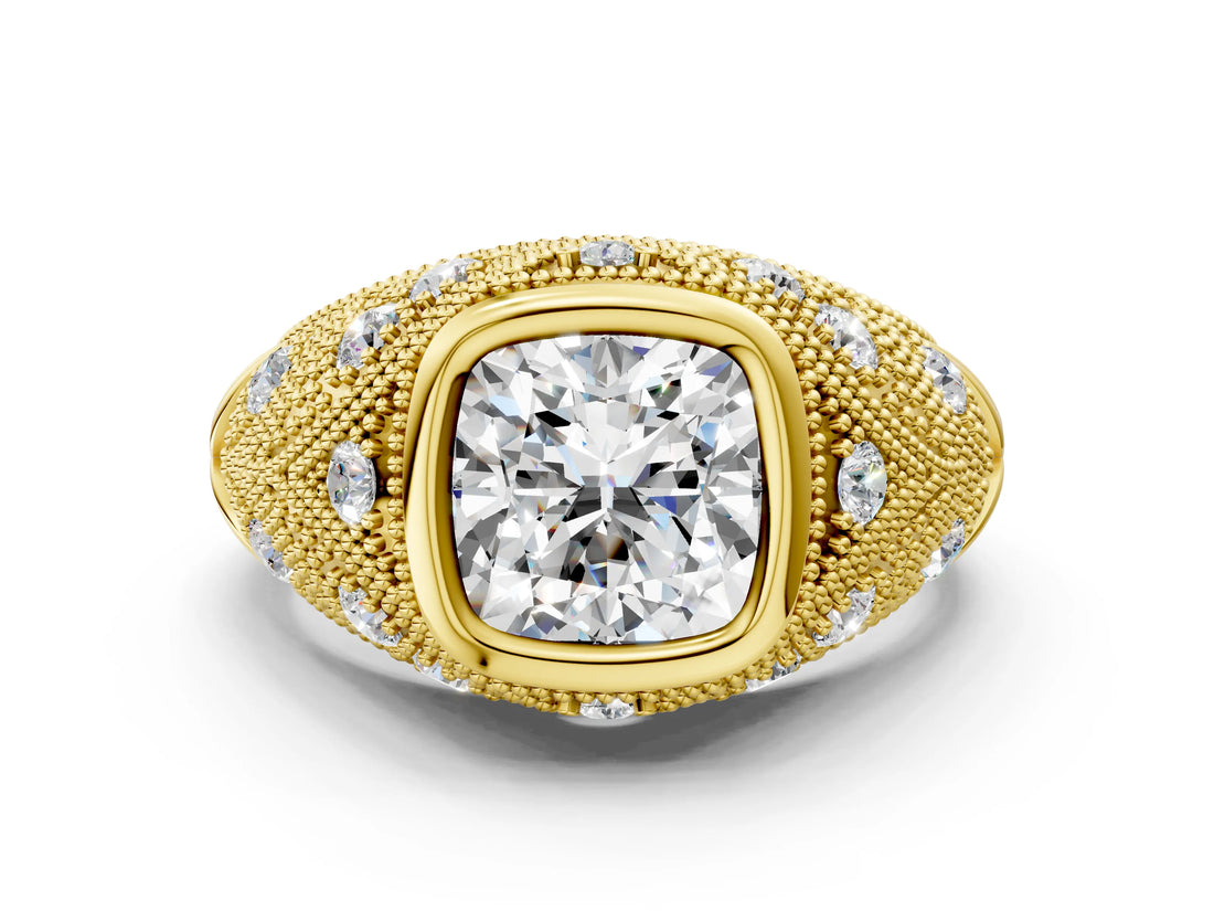Yellow gold Bezel Set Cushion Cut Diamond Milgrain Band Ring_13