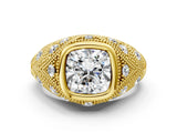 Yellow gold Bezel Set Cushion Cut Diamond Milgrain Band Ring_13
