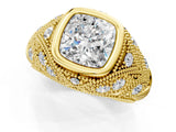 Yellow gold Bezel Set Cushion Cut Diamond Milgrain Band Ring_14