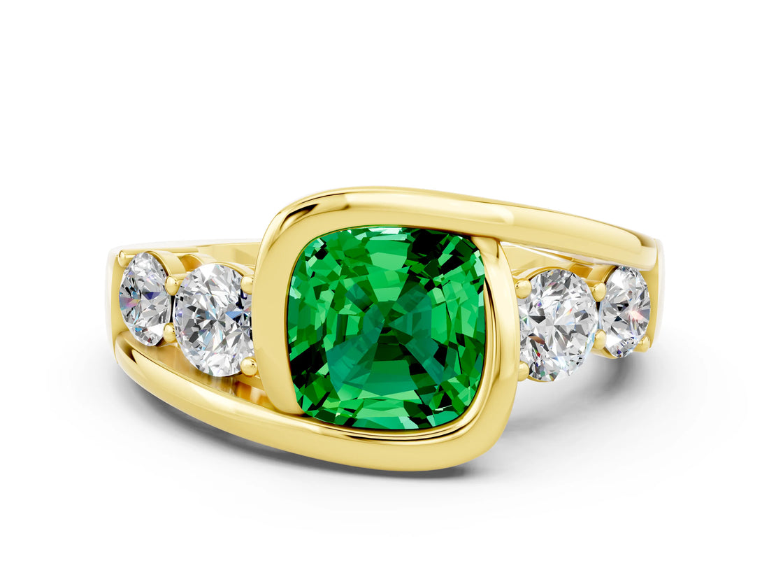 Yellow gold Bezel Set Cushion Cut Diamond Split Shank Ring