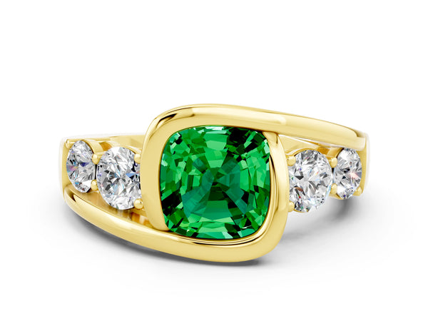 Yellow gold Bezel Set Cushion Cut Emerald Bypass Ring with Round  Accents
