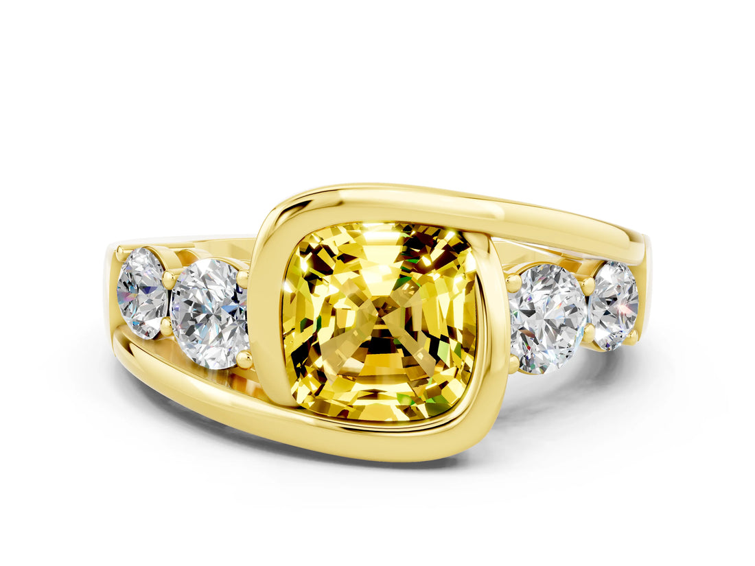 Yellow gold Bezel Set Cushion Cut Diamond Split Shank Ring