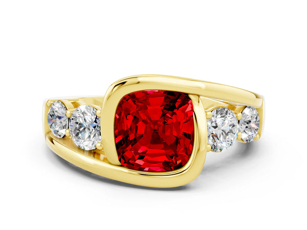 Yellow gold Bezel Set Cushion Cut Ruby Bypass Ring with Round  Accents