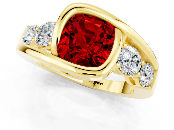 Yellow gold Bezel Set Cushion Cut Ruby Bypass Ring with Round  Accents